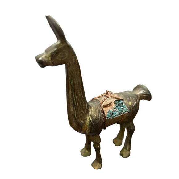 Vintage Brass Llama Figurine With Turquoise Stone Saddle - Picture 1 of 5